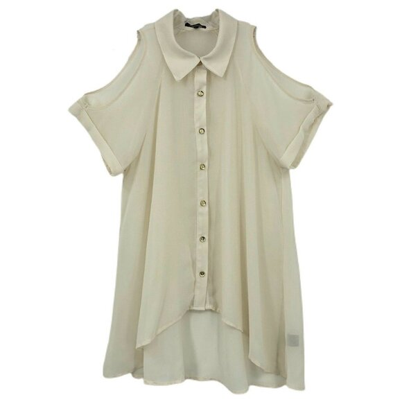Monteau Top Cream Cold Shoulder High Low Sheer Chiffon Button Up Short Sleeve M - Picture 3 of 9